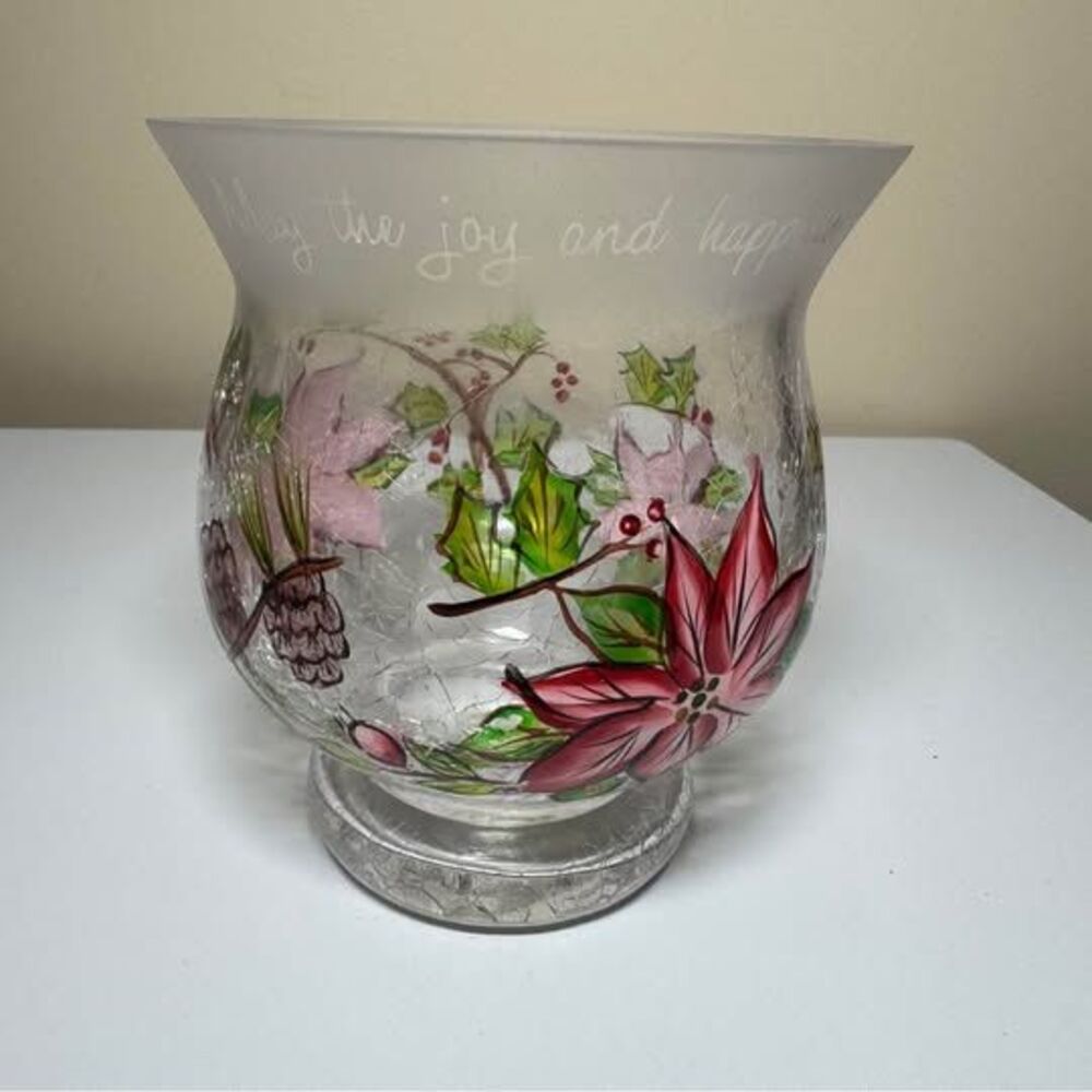 Fields of Joy Holiday Crackle Glass Vase Hand-Painted Christmas Poinsettia